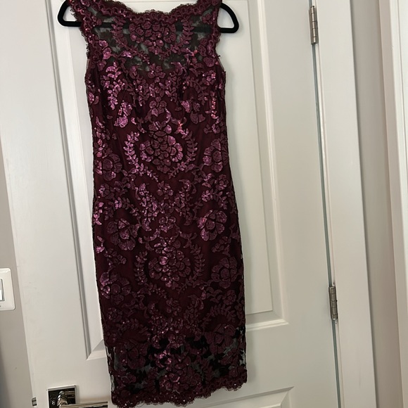 Sequined Tadashi Shoji Illusion Dress Size 2 Aubergine Cabernet Purple - Picture 3 of 5